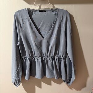 SHEIN Light Blue V-Neck Peplum Blouse